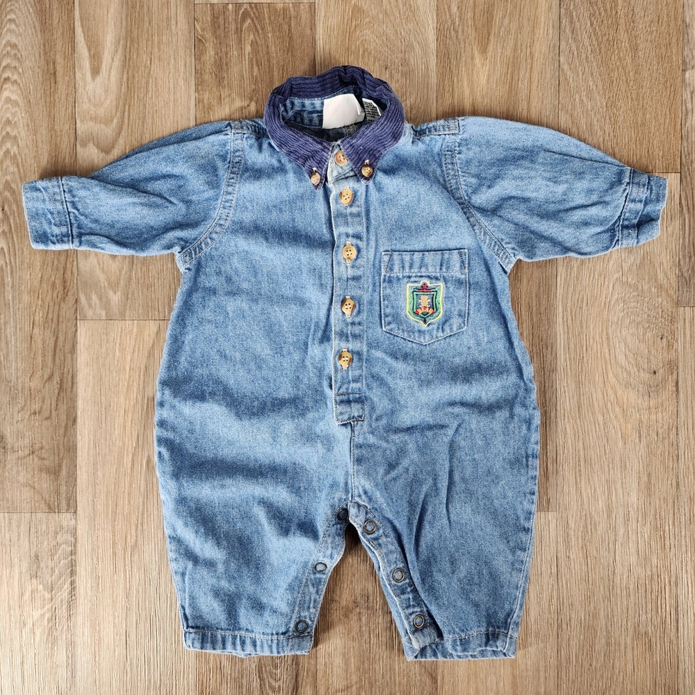 Small Steps Vintage Baby Denim Romper Blue Corduroy Collar 3-6 Months Crest